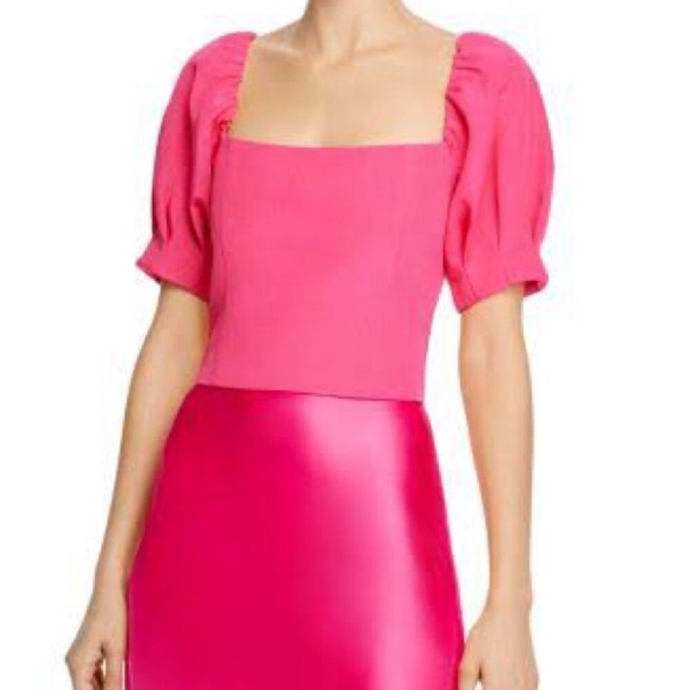 Alice + Olivia Joslyn Blouse Cropped Short Puff Sleeve Top Wild Pink S 4 NWT